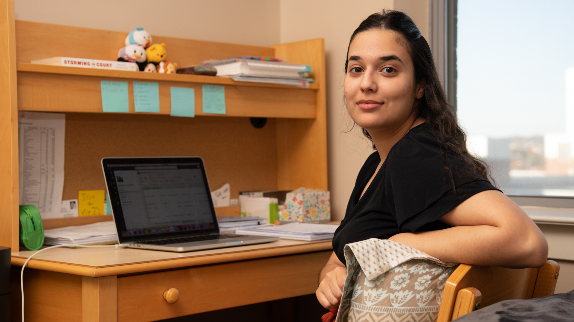 student at desk on computer