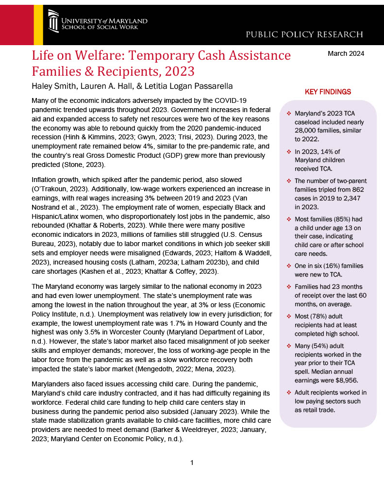 Life on Welfare: Temporary Cash Assistance Families & Recipients, 2023